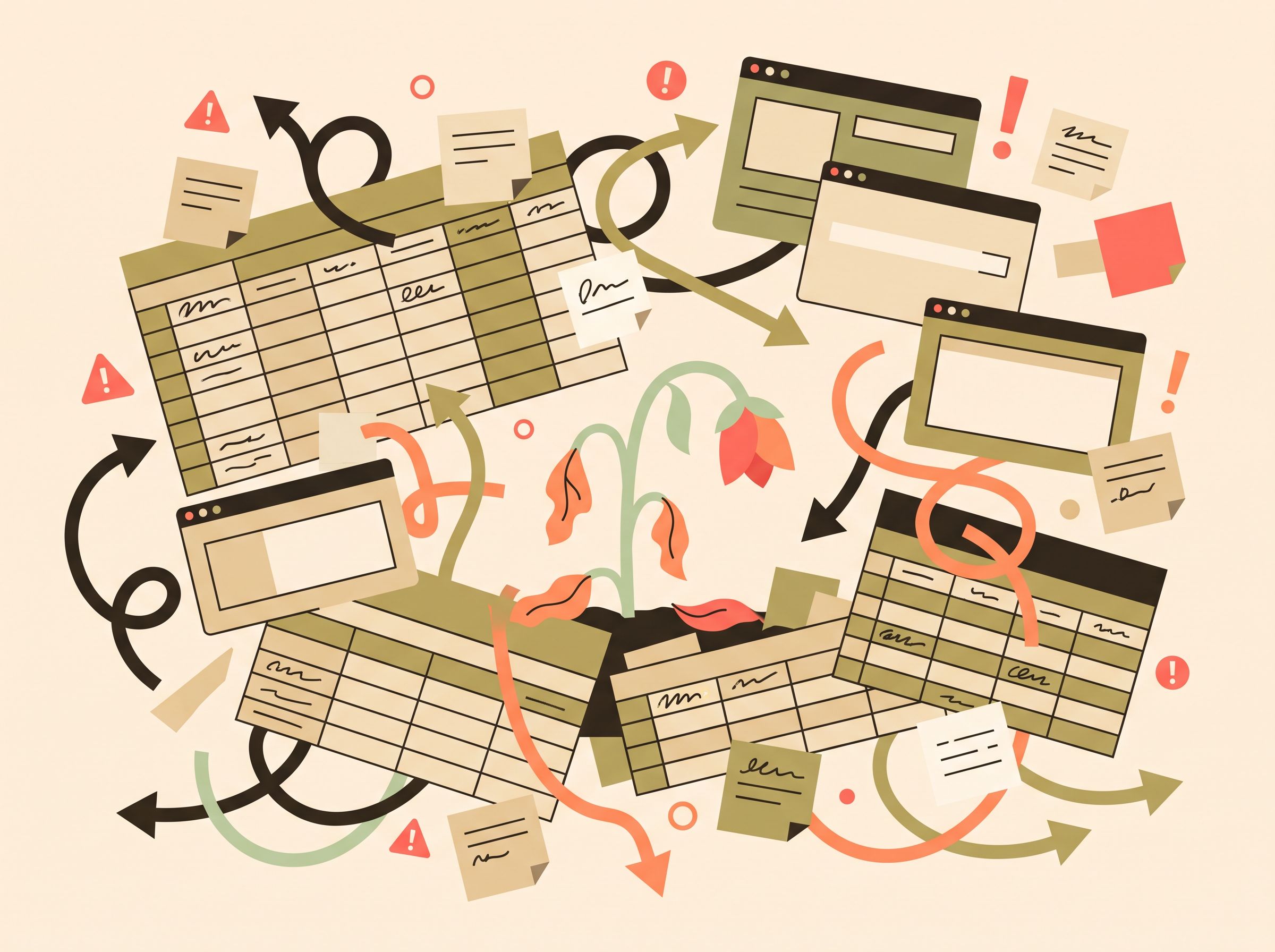 Ilustração do caos de entrada de dados: planilhas soltas, ferramentas desconectadas e um contato esquecido